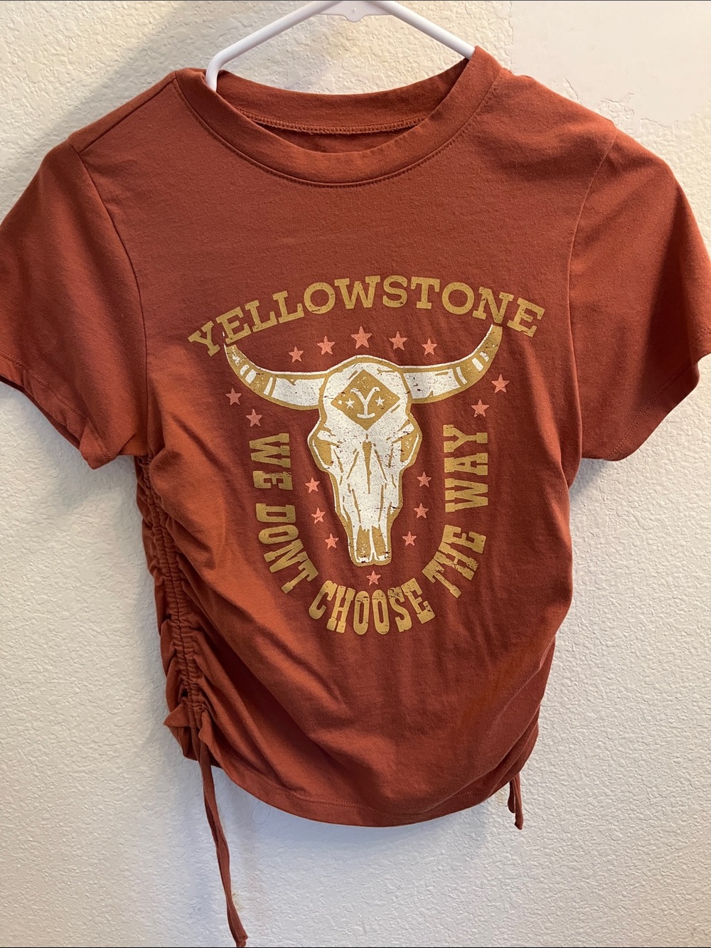 Juniors Rust Graphic Tee with Side Ruching